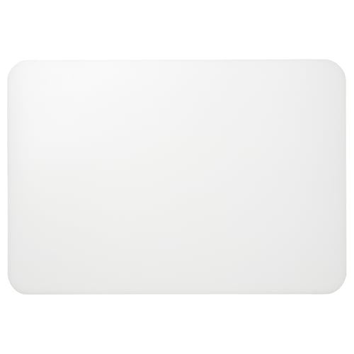 Desk pad. White, rectangular, smooth plastic surface; protects from dirt and scratches.