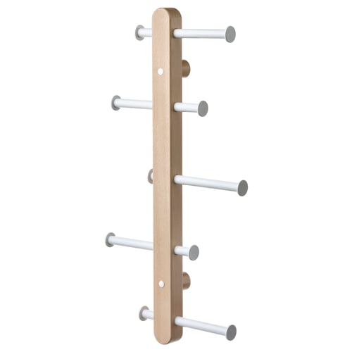 PLOGA coat rack, light wood & white, 6 hooks, wall mount.