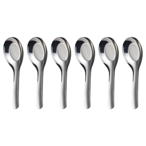 Six shiny, stainless steel spoons with sleek, polished design laid side by side.