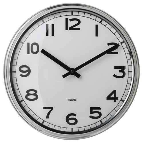 PUGG: silent, white clock with black numbers, hands. Round shape, shiny frame, clear face. No tick-tock noise, quartz movement.