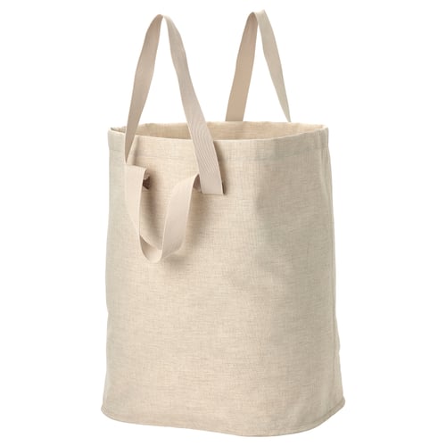 Beige eco laundry tote with handles & drawstring.