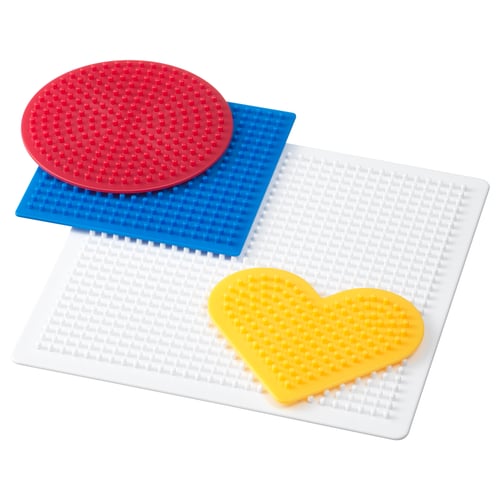 PYSSLA bead boards in red, blue, and yellow, heart shape, craft materials.