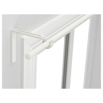 White RÄCKA curtain rod holder, adjustable length and angle. Steel and plastic construction, ideal for window decor.