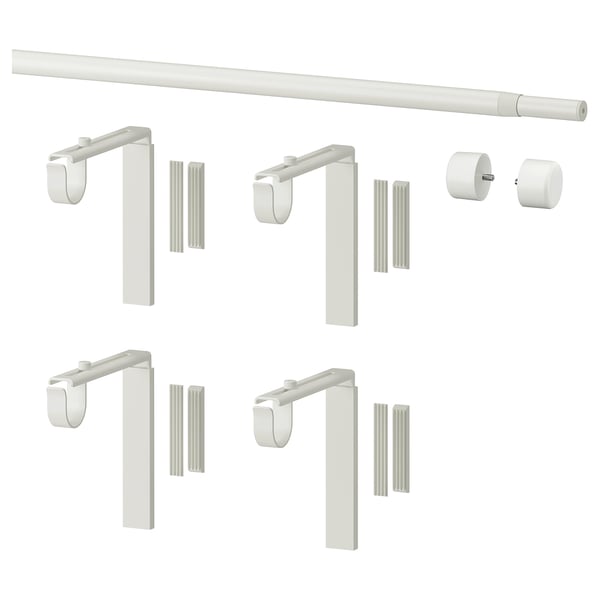 A white RÄCKA curtain rod kit with 4 adjustable brackets, 2 finials, and extension sleeves.
