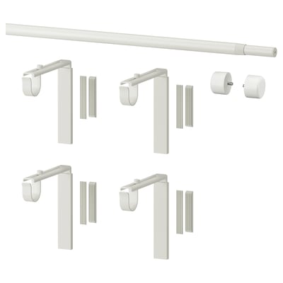 A white RÄCKA curtain rod kit with 4 adjustable brackets, 2 finials, and extension sleeves.