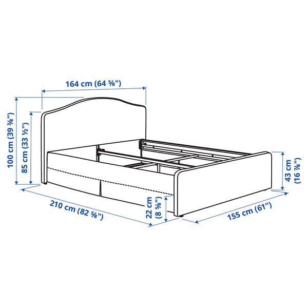 RAMNEFJÄLL Upholstered bed frame, Kilanda dark blue/Luröy, 150x200 cm