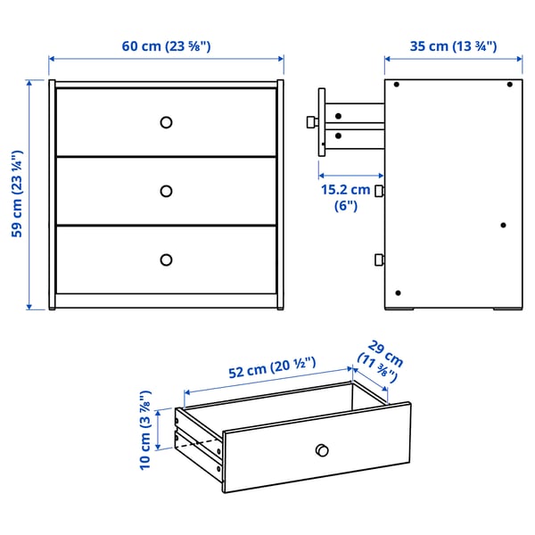 RAST Chest of 3 drawers, pine, 60x35x59 cm