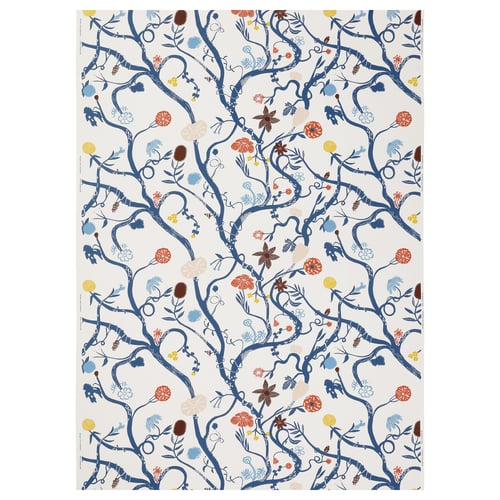 REVFINGERÖRT fabric: white base, blue floral branches, various coloured flowers, eco-friendly cotton.
