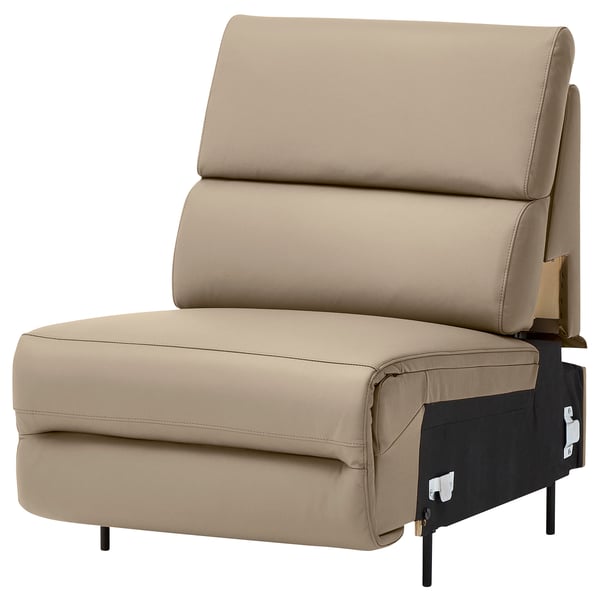 Modern reclining chair in beige suede-like fabric, offering comfort and support with adjustable back and seat height.