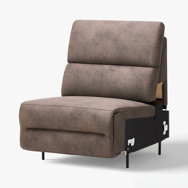 RULLERUM recliner chair, grey suede-like fabric, plush cushions, lumbar support, electric reclining feature.