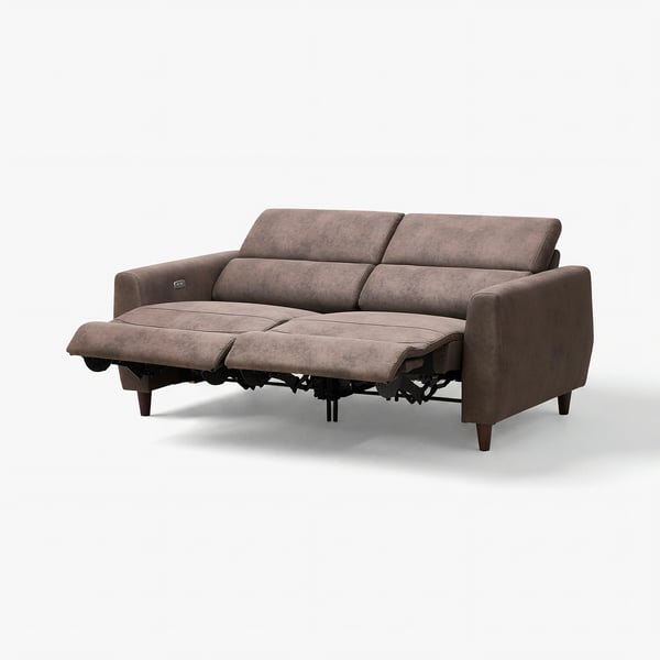 Brown recliner sofa, upholstered suede-like fabric, high back support, electric recliner function, wooden legs.