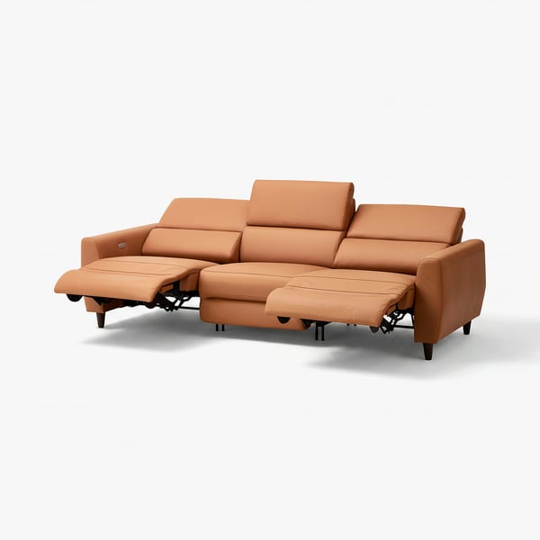 Brown leather RULLERUM electric recliner sofa. Modern, comfortable, three-seater with adjustable backrests.