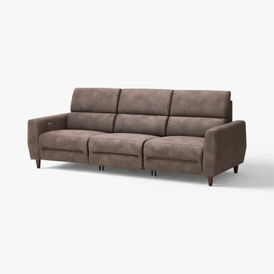 RULLERUM: modern brown fabric sofa with electric recliner, wooden legs, sleek design.