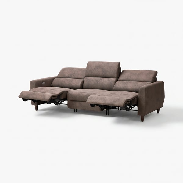 Brown RULLERUM 3-seater recliner sofa, upholstered with eco-friendly fabric and wooden legs.