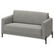 Modern grey fabric loveseat with metal legs, minimalist design.