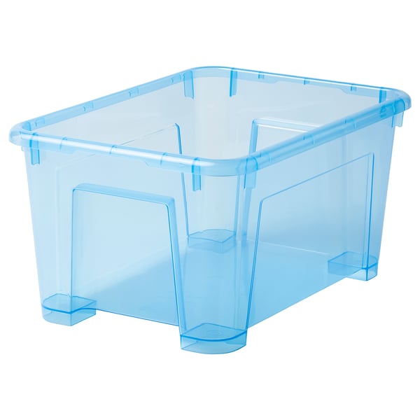 A light blue, transparent plastic storage bin named SAMLA. It has a rectangular shape with sturdy handles for easy carrying and stacking.