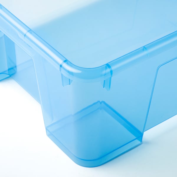 Clear blue plastic storage bin with smooth, sturdy edges, designed for organising and stacking.