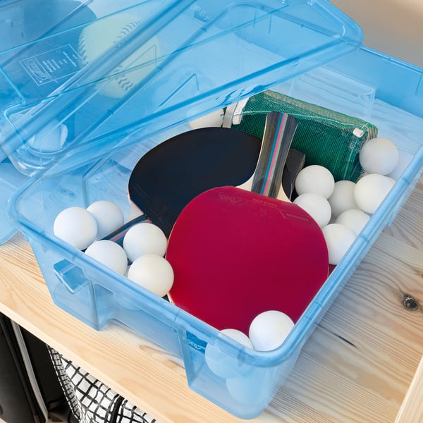 Clear blue storage box holding red and black ping pong paddles and white balls, ideal for sports equipment.