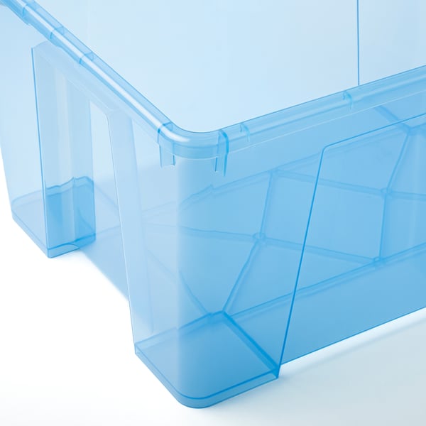 Blue plastic storage box, clear and sturdy, ideal for organising and stacking items.