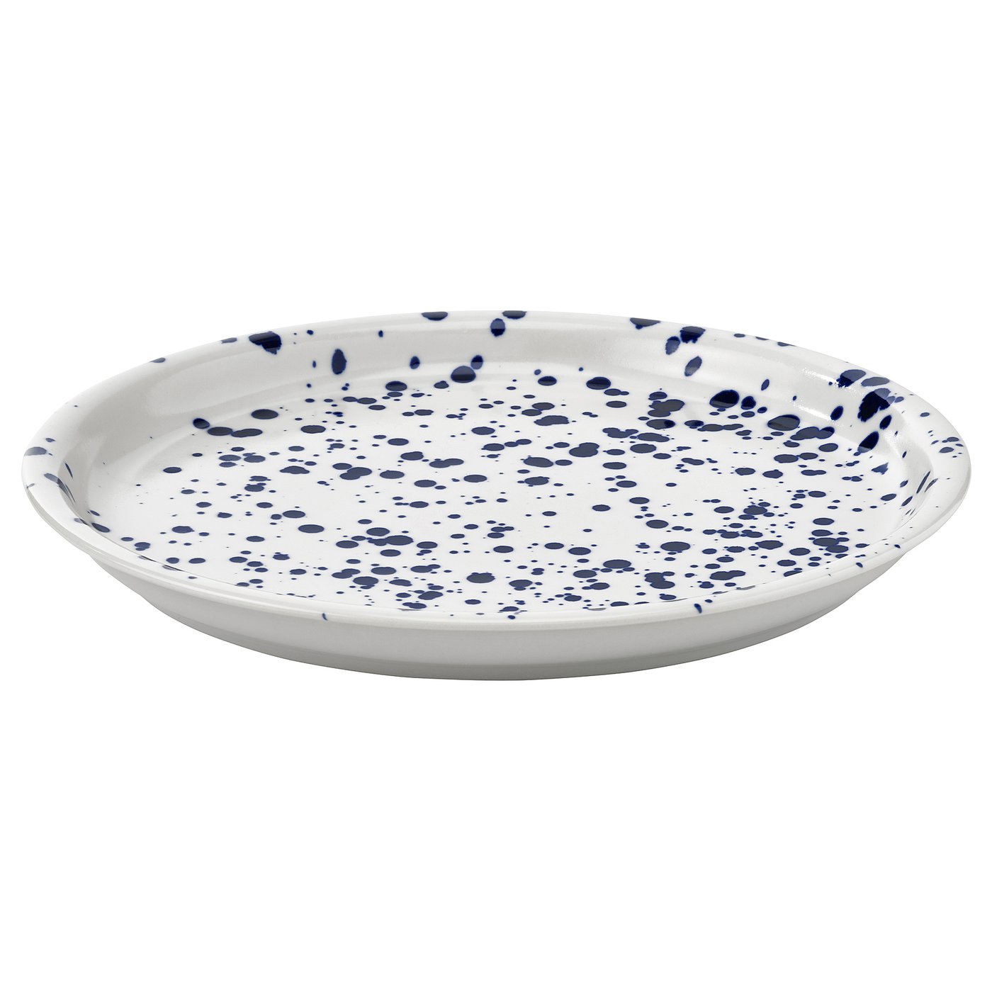 White, round, stoneware plate with blue speckled pattern.