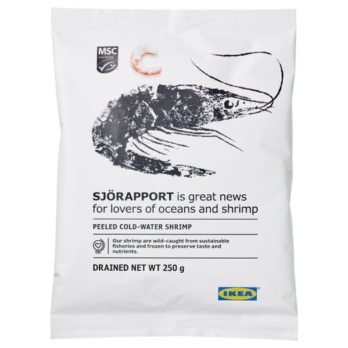 IKEA sjörraport shrimp packaging, highlights marine logo, shrimp image, 250g drained weight, msc certified sustainable.