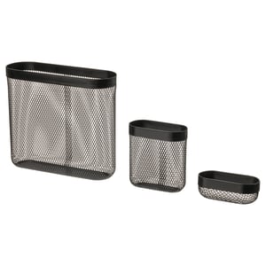 Three black mesh organisers in descending size on white background.