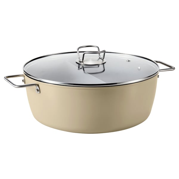 SKÄGGTORSK pot, beige, round w/ glass lid, stainless handles, heat-resistant base, ceramic non-stick.