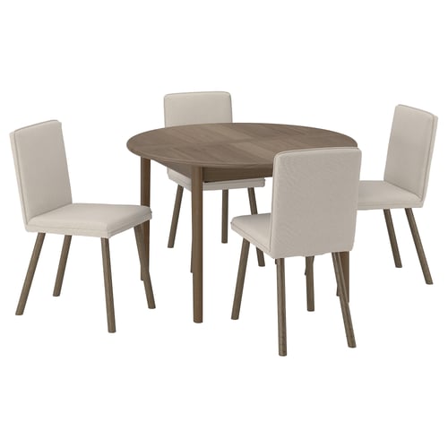 SKANSNÄS dining set: round table, 4 light beige fabric chairs, wooden legs, modern design.