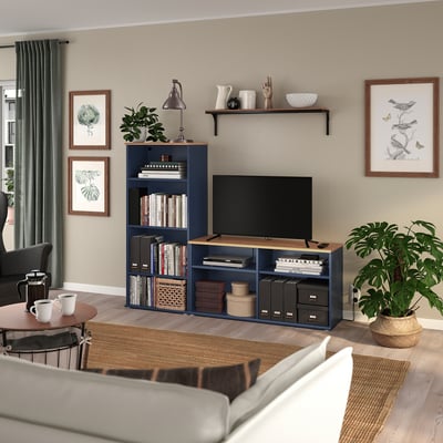 SKRUVBY TV storage combination, black-blue, 178x38x140 cm