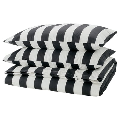 SLÅNHÖSTMAL Duvet cover and 2 pillowcases, black/white/striped, 240x220/50x80 cm