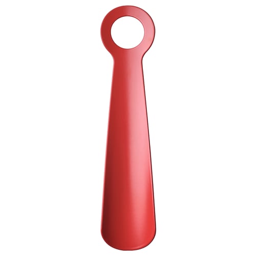 Red shoehorn, metallic, bright with hook handle, compact for travel, easy to hang.