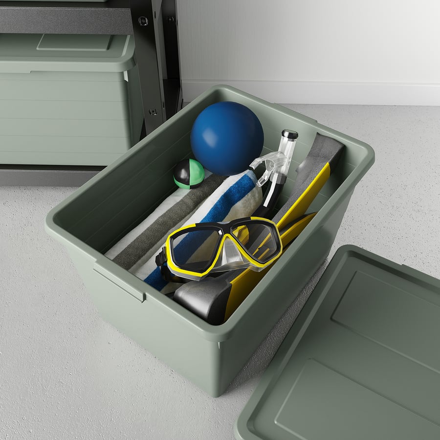 SOCKERBIT storage box with lid, greygreen, 38x51x30 cm IKEA