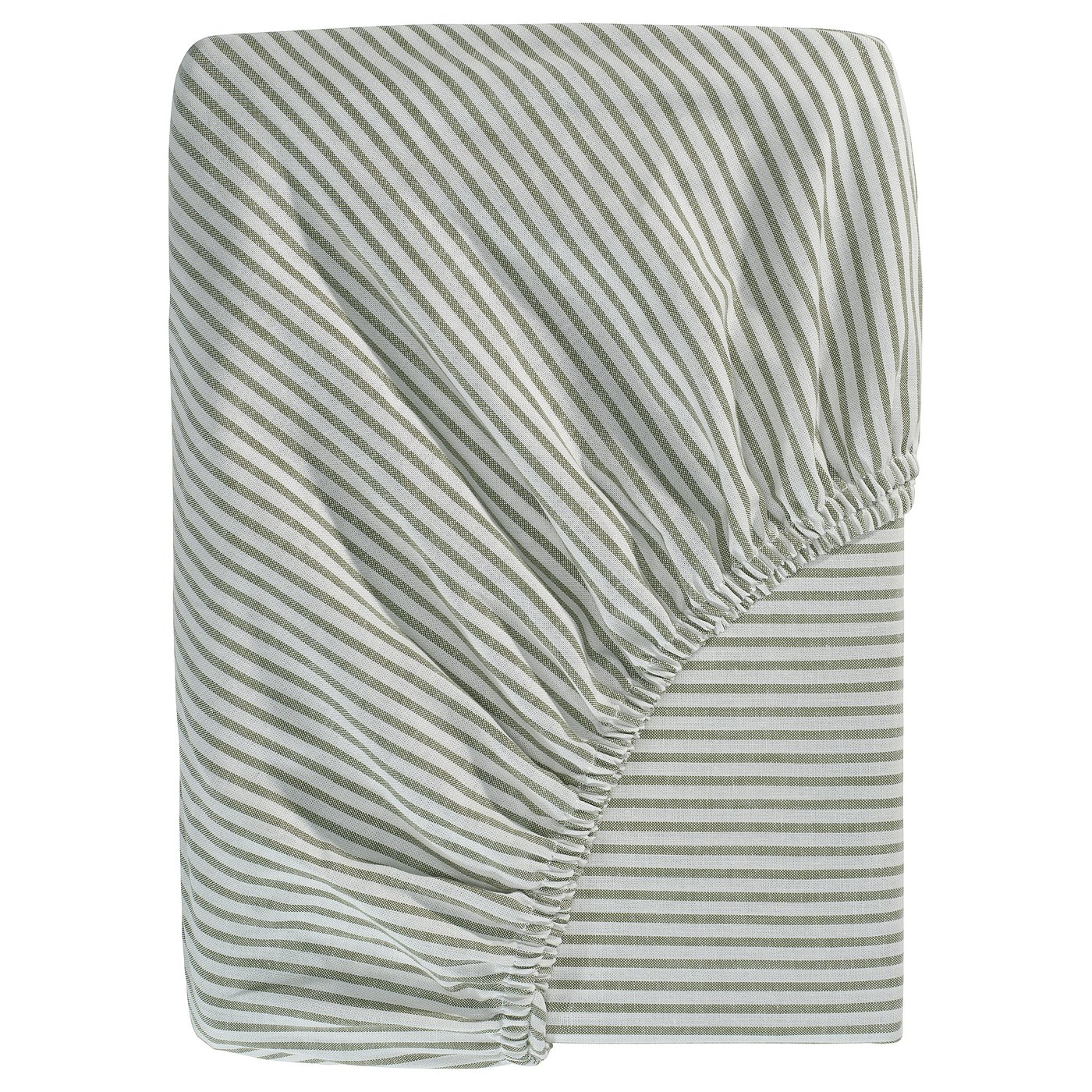 Green and white striped fitted bed sheet, rectangular, made of 100% cotton.