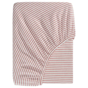 Folded red and white striped cotton bed sheet.