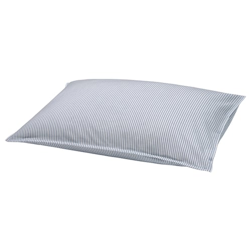 A blue and white striped solfibo sofa cushion made of 100% cotton. It is rectangular with a soft, padded shape.