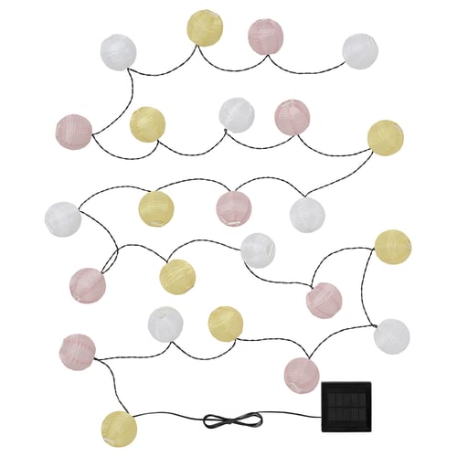 SOLVINDEN solar lights: hazel, silver, pink globes. Flexible strings, no wires. Day charge, night light. Outdoor decor.