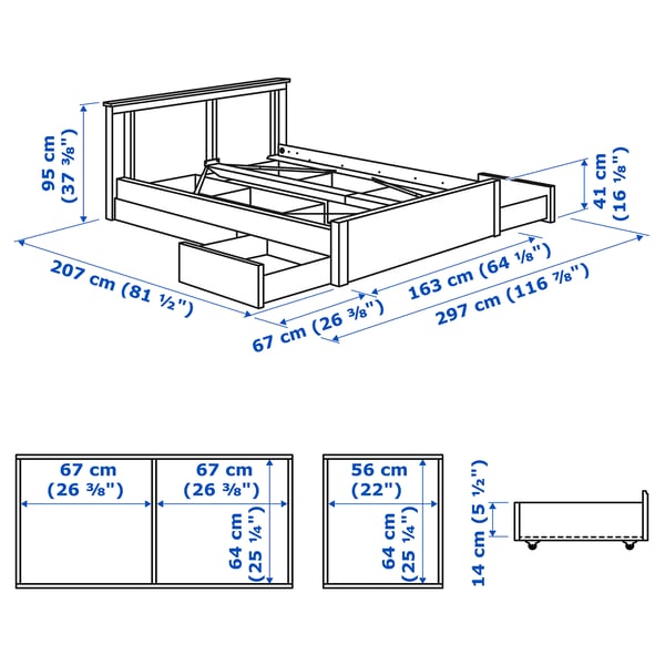 SONGESAND Bed frame with 4 storage boxes, brown, 150x200 cm