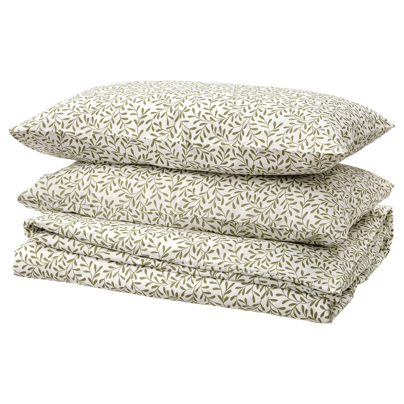 Botanical-themed bedding set, white with green leaf pattern, recycled polyester, and cotton blend, rectangular shape.