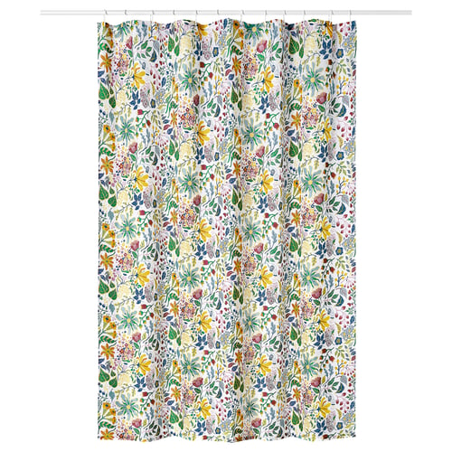 STRANDLUMMER shower curtain, white with colourful floral design, rectangular, water-repellent polyester.