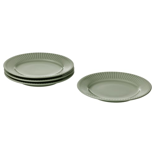 Set of green STRIMMIG stoneware plates, textured rim, round shape.