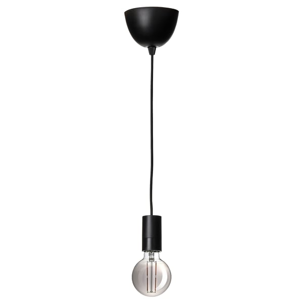 SUNNEBY / MOLNART Pendant lamp with light bulb, globe/grey clear glass black, 95 mm