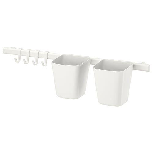 White SUNNERSTA kitchen organiser with containers, hooks, and rail. Space-saving, wall-mount design.