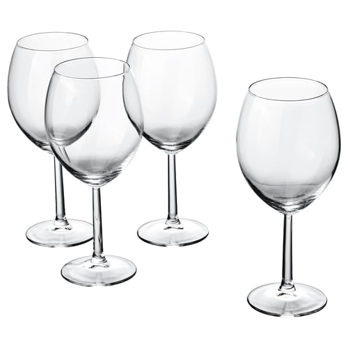 Image four clear glass wine glasses with long stems and classic design. They are arranged in a row, perfect for elegant occasions.