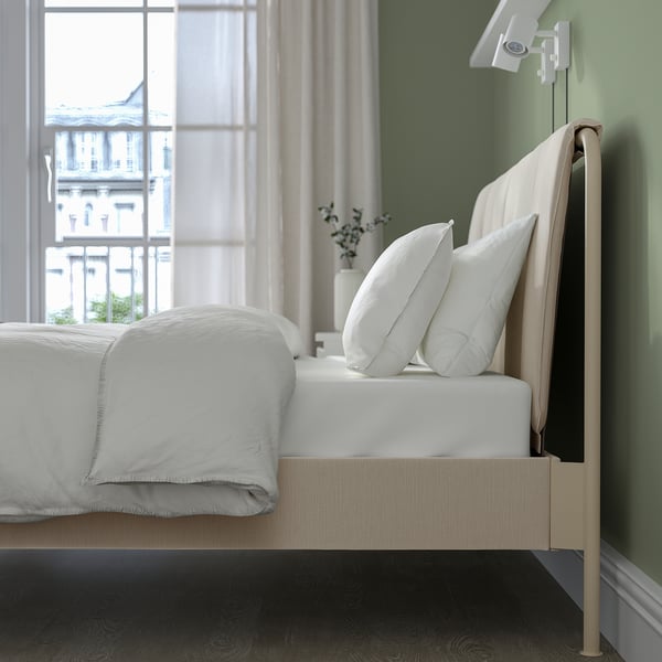 TÄLLÅSEN Upholstered bed frame with mattress, Kulsta light beige/Vesteröy extra firm, 150x200 cm