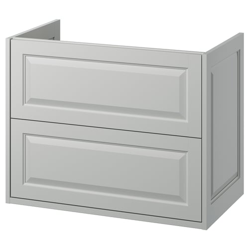 TÄNNFORSEN light grey bathroom cabinet with bevelled edges and two drawers.
