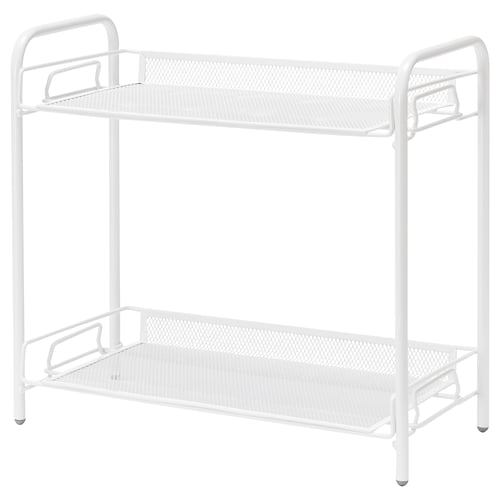 A white TEVALEN metal storage rack with two mesh shelves, designed for bathrooms or kitchens. It a sturdy frame and open shelves for easy access.