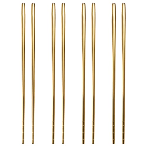 Eight pairs of TILLAGD chopsticks in brass colour, square-shaped, with non-slip surfaces, arranged neatly. Made from metallized stainless steel.