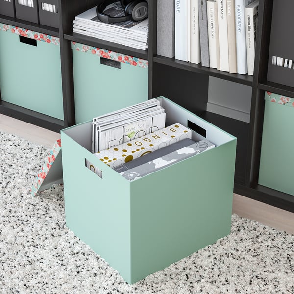 TJENA Storage box with lid, flower/light green, 32x35x32 cm IKEA