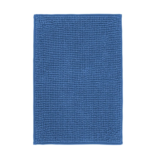 Blue TOFTBO bath mat, rectangular, textured soft surface.