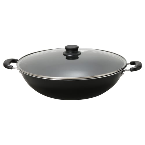 Black TOLERANT wok with lid, aluminium, ceramic non-stick, two handles, glass lid, ideal for daily cooking.